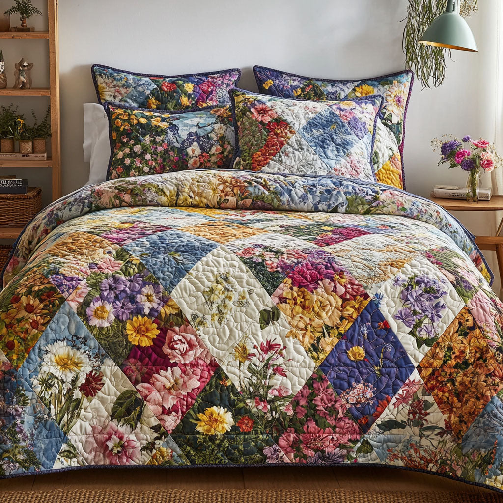 Vintage Bloom Quilted Bedding Set Boho Floral Bedspread Set Gift For Her