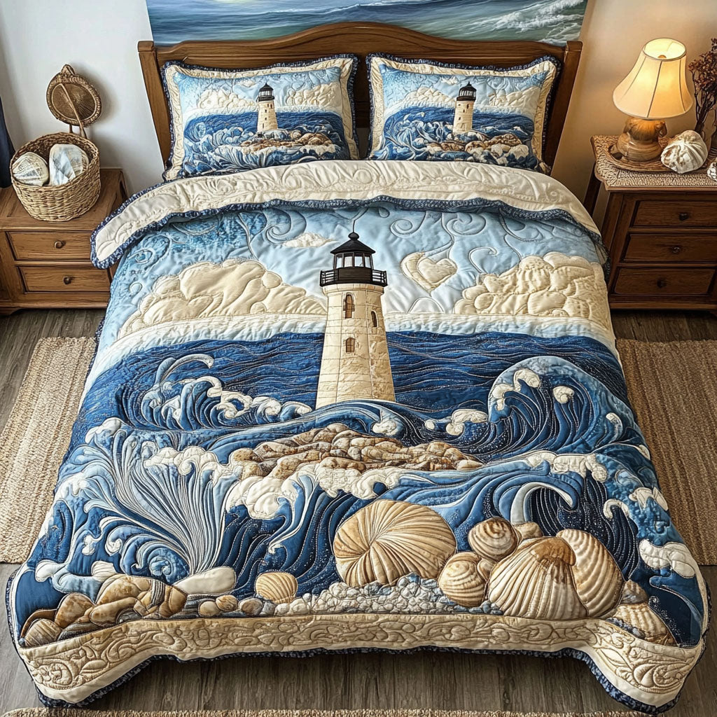 Lighthouse Dreams Quilted Bedding Set Coastal Beach Bedspread Set Beach Lover Gift