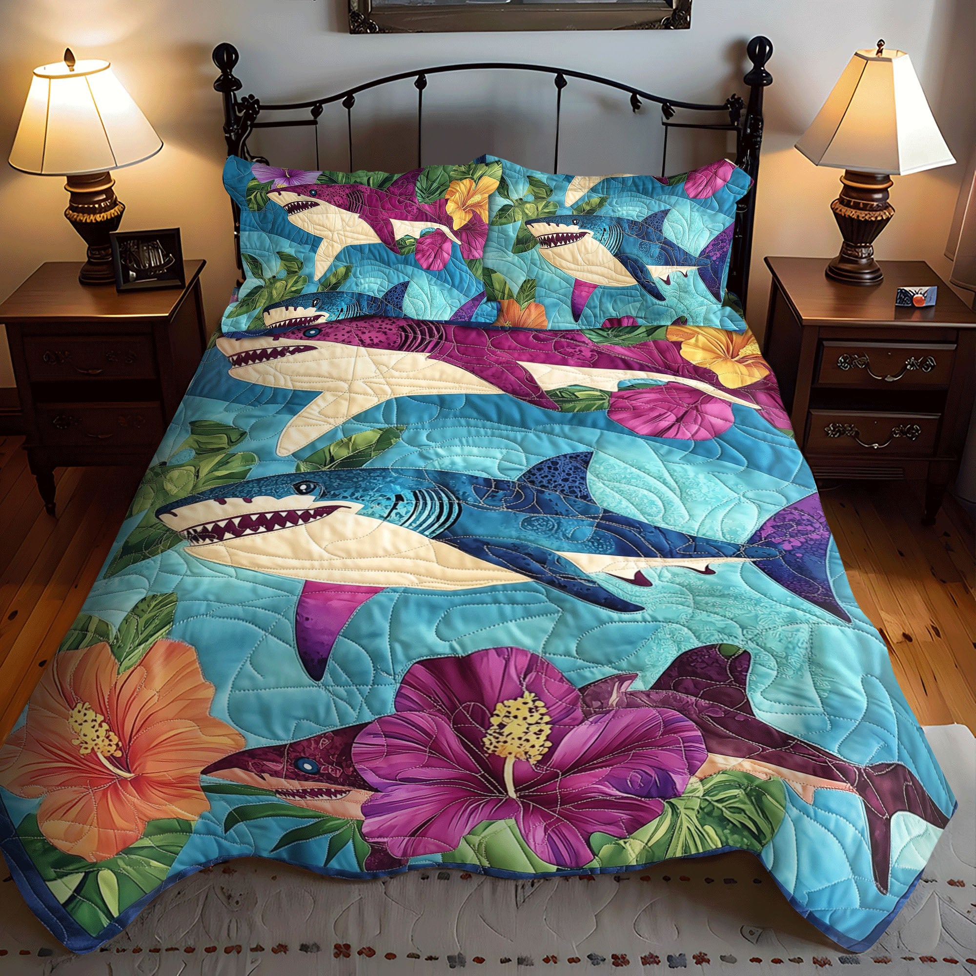 Hawaiian Shark Quilted Bedding Set Ocean Sea Life Bedspread Set Ocean Lover Gift