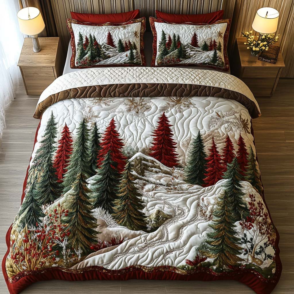 Evergreen Forest Quilted Bedding Set Evergreen Pine Bedspread Set Holiday Gift