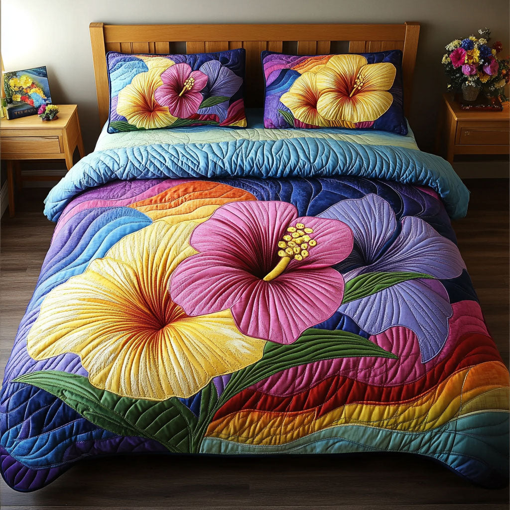 Aloha Blossom Quilted Bedding Set Tropical Hawaiian Bedspread Set Hawaii Lover Gift