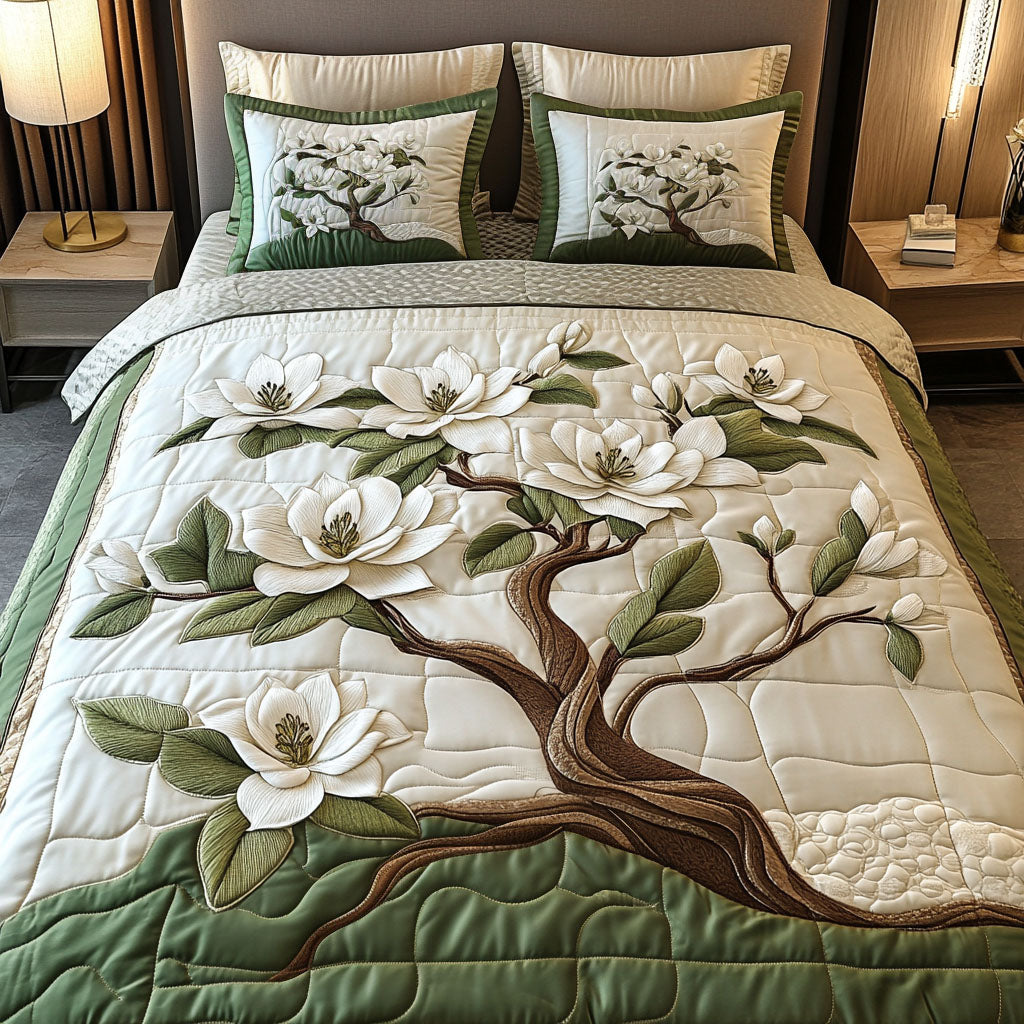 Elegant White Magnolia Quilted Bedding Set Magnolia Floral Bedspread Set Southern Home Gift