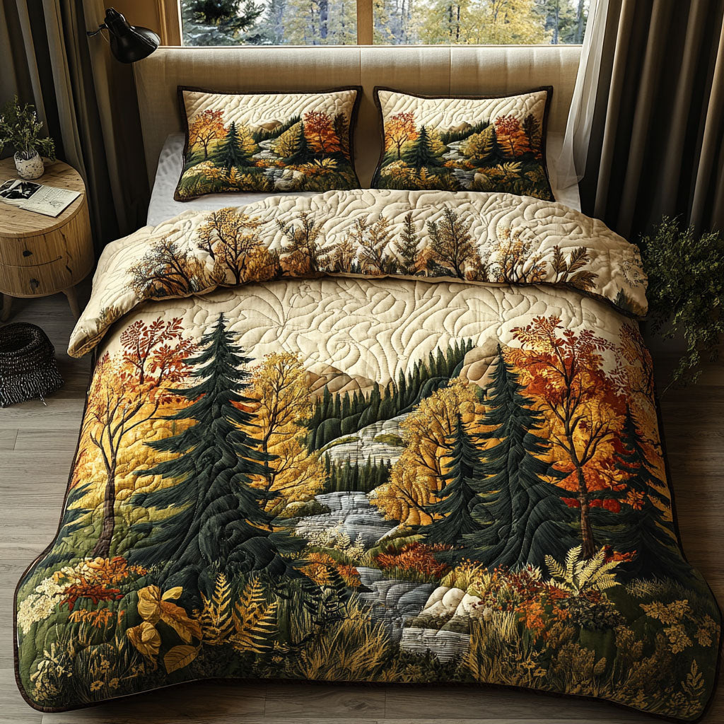 Amber Forest Quilted Bedding Set Cabin Woodland Bedspread Set Outdoor Lover Gift