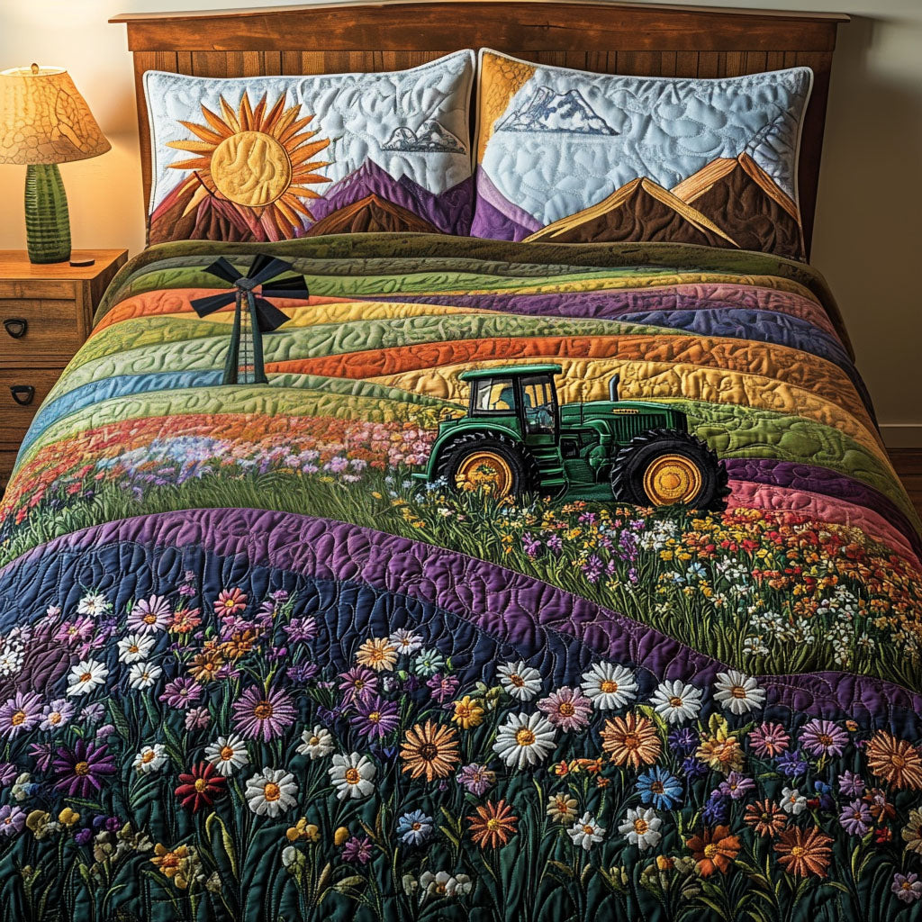 Tractor Windmill Quilted Bedding Set Rustic Farm Bedspread Set Country Home Gift