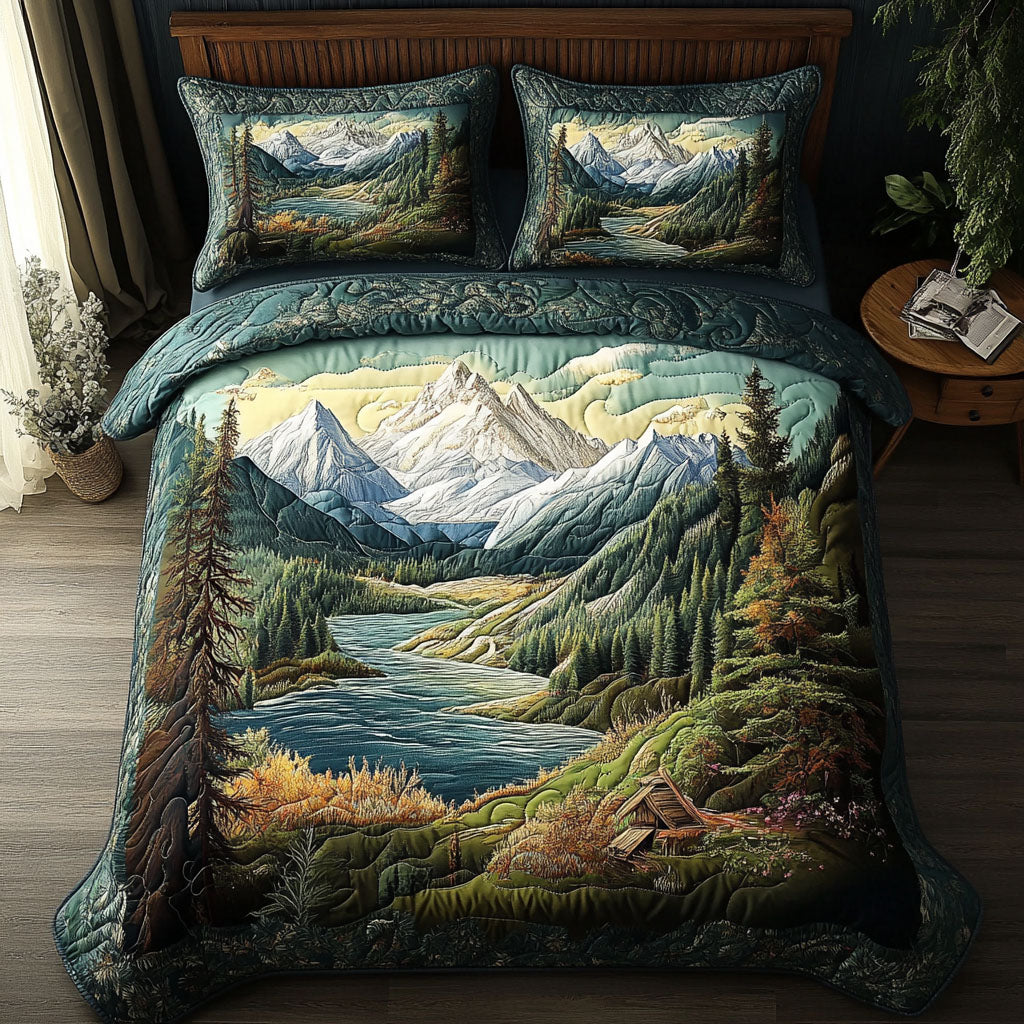 Mountain Bliss Quilted Bedding Set Outdoor Nature Bedspread Set Cabin Decor Gift