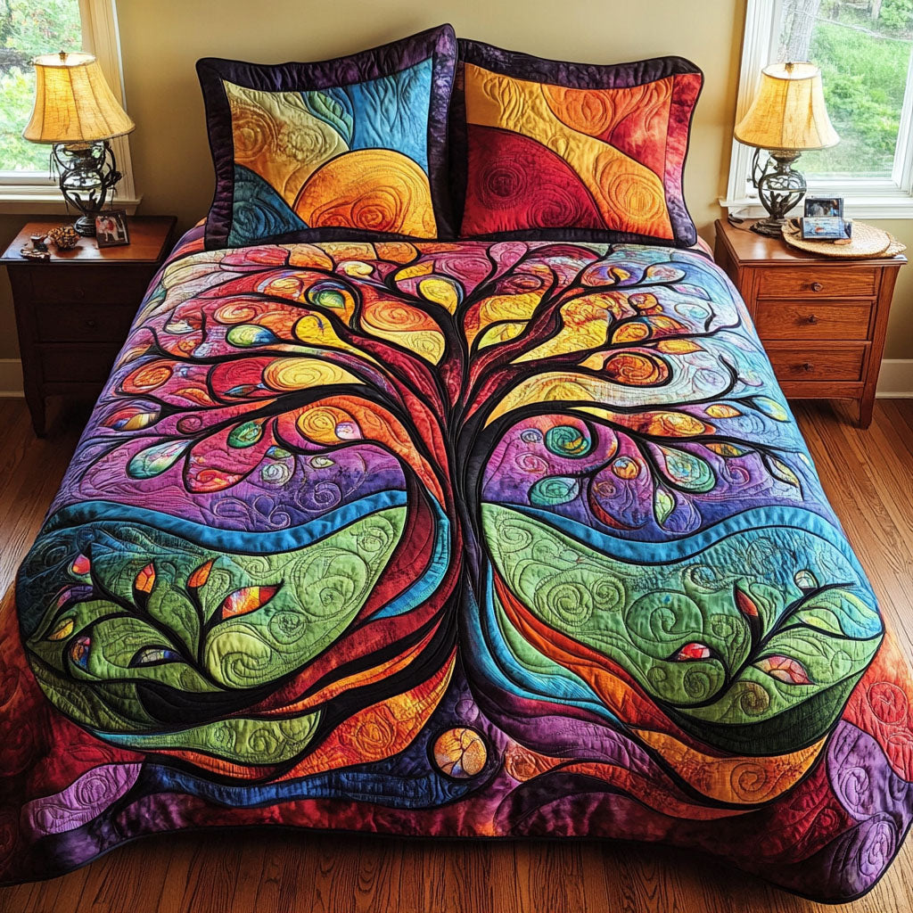 Golden Tree Of Life Quilted Bedding Set Mystic Tree Bedspread Set Housewarming Gift