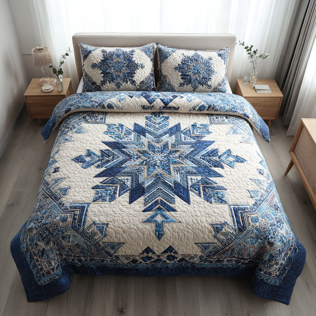 Azure Snowflake Burst Quilted Bedding Set Winter Wonderland Bedspread Set Gift Decor