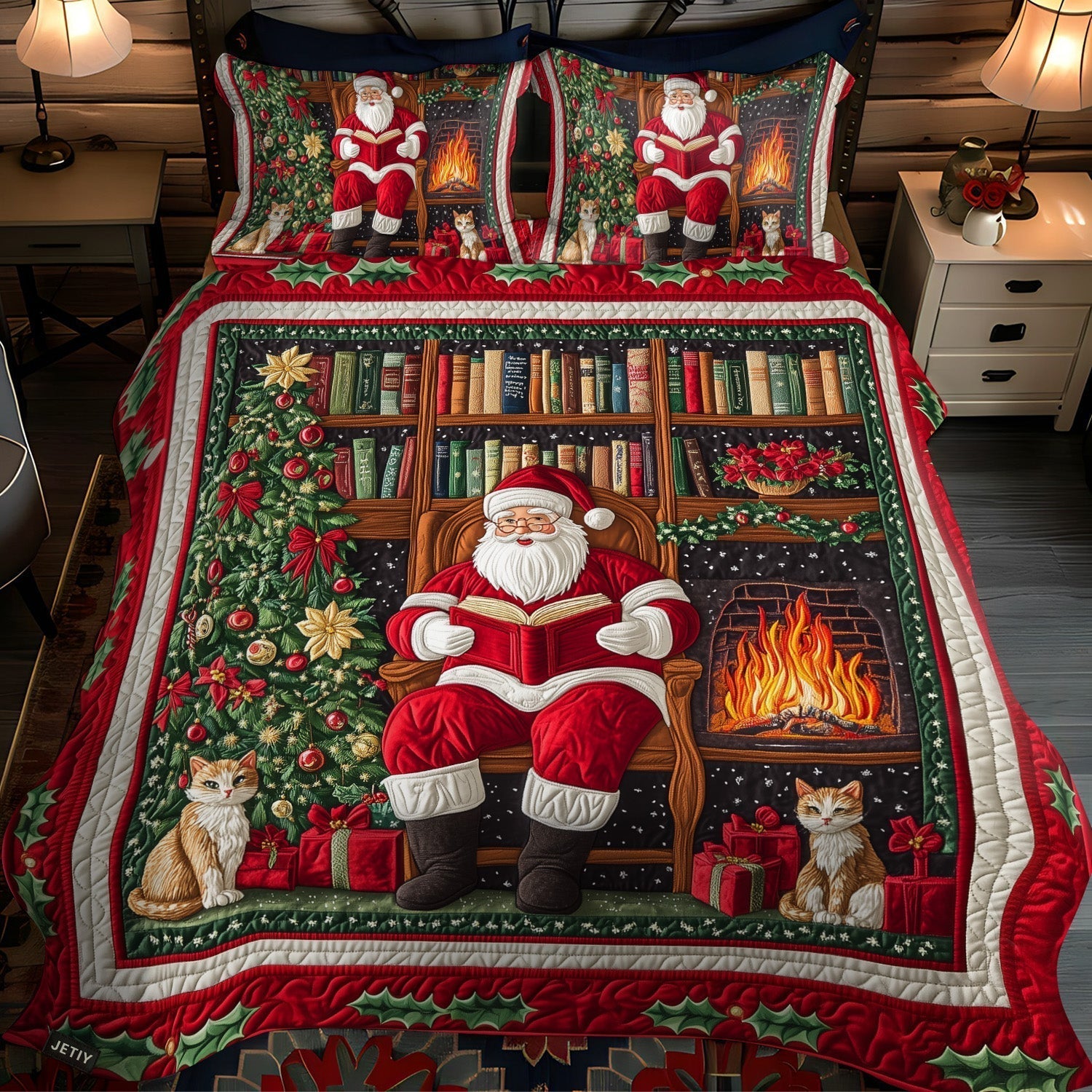 Santa's Storytime Delight Quilted Bedding Set Jolly Santa Bedspread Set Xmas Gift