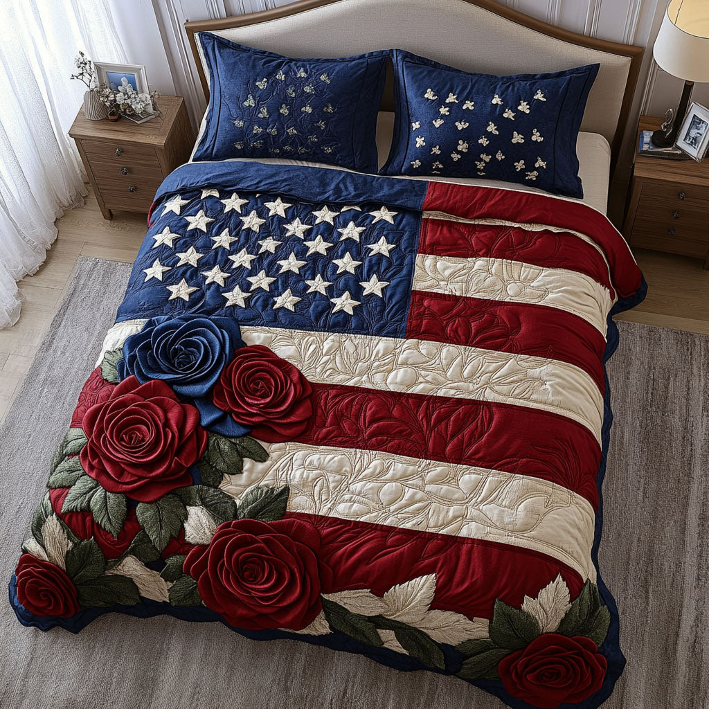 Americana Bloom Quilted Bedding Set Boho Floral Bedspread Set Gift For Her