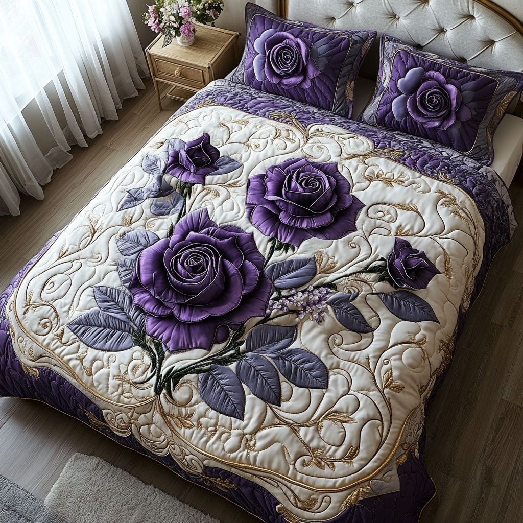 Mystic Violet Rose Quilted Bedding Set Wildflower Floral Bedspread Set Gift For Her