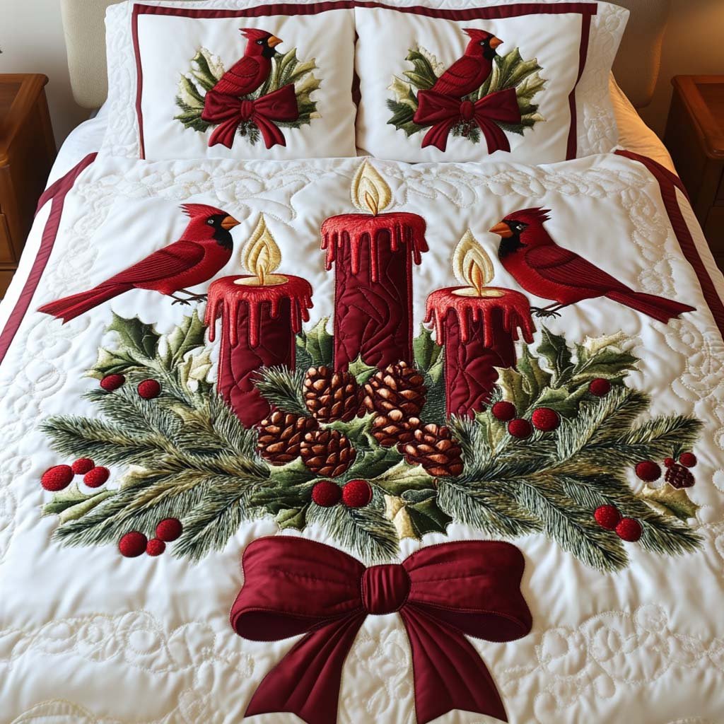 Candle Harmony Quilted Bedding Set Cozy Christmas Bedspread Set Family Gift