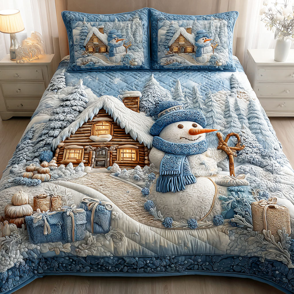 Winter Frost Glow Quilted Bedding Set Snowy Winter Bedspread Set Family Gift