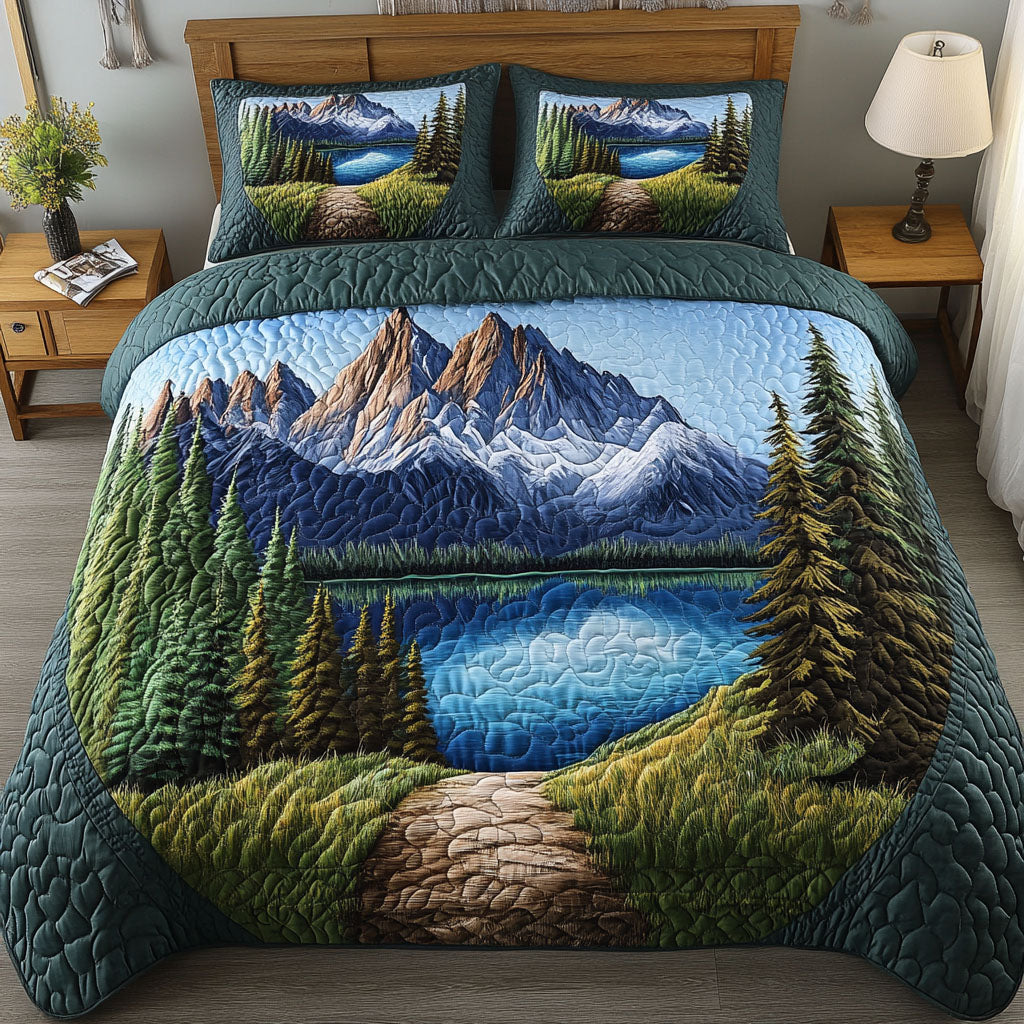 Alpine Reflection Quilted Bedding Set Mountain Wilderness Bedspread Set Outdoor Lover Gift