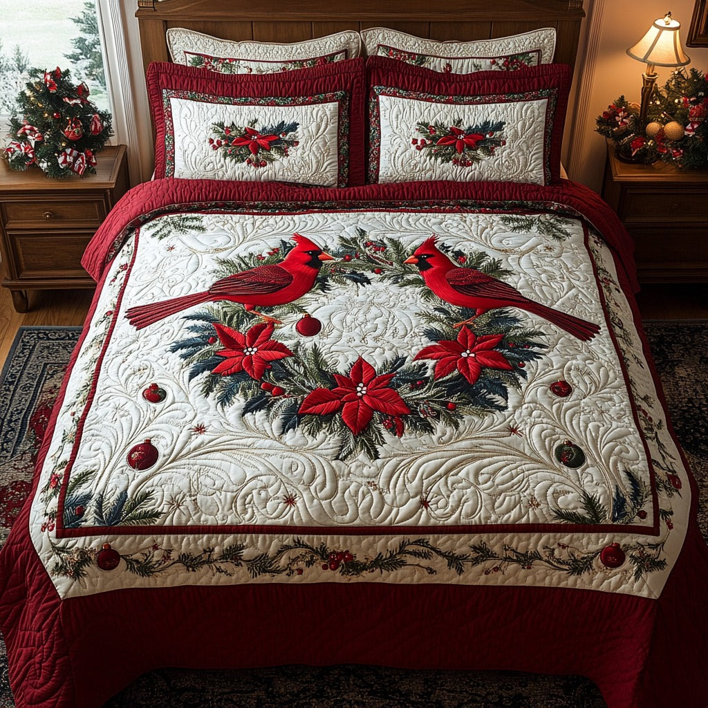 Cardinal Chorus Quilted Bedding Set Red Cardinal Bird Bedspread Set Holiday Gift