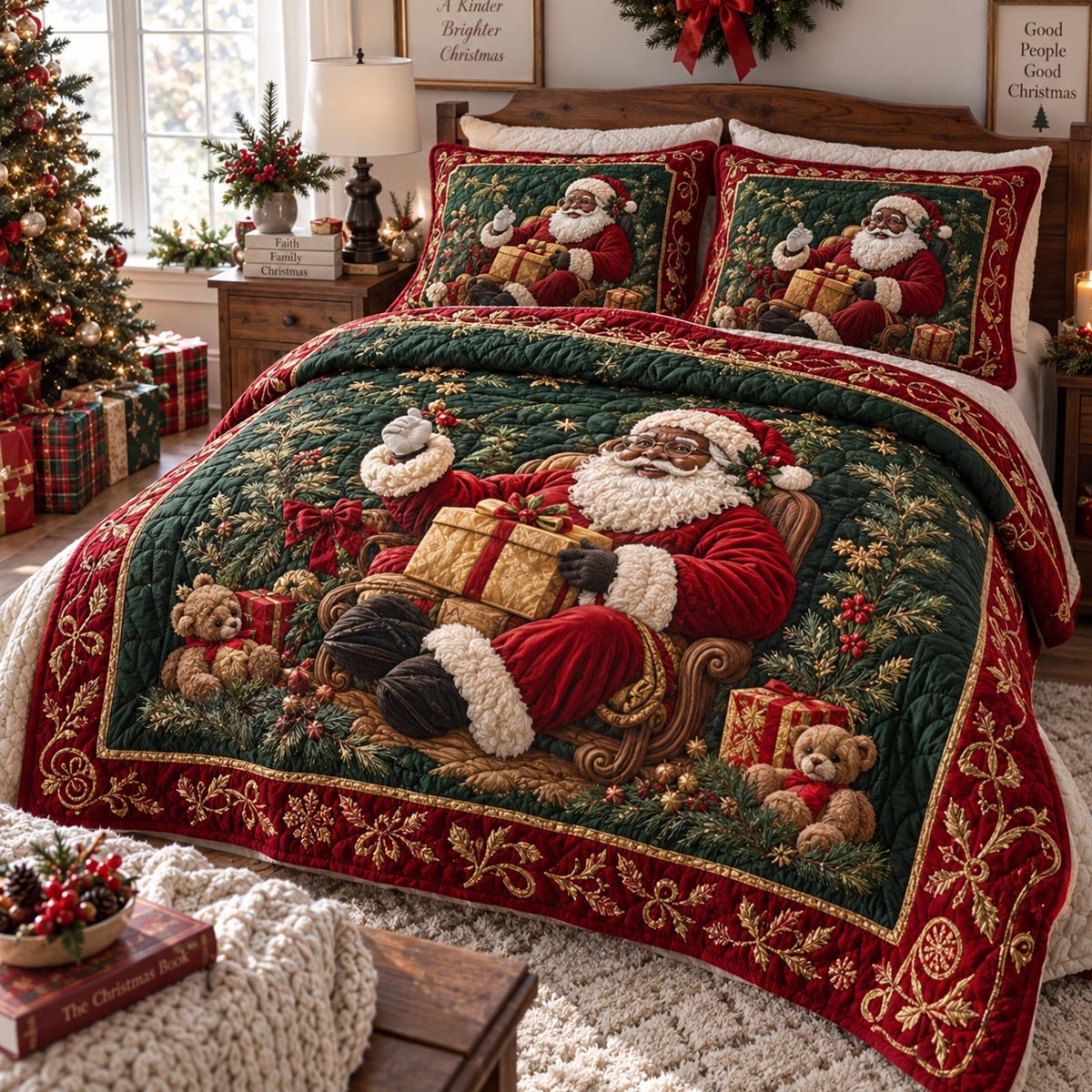 Santa Family Joy Quilted Bedding Set Santa Workshop Bedspread Set Gift Decor