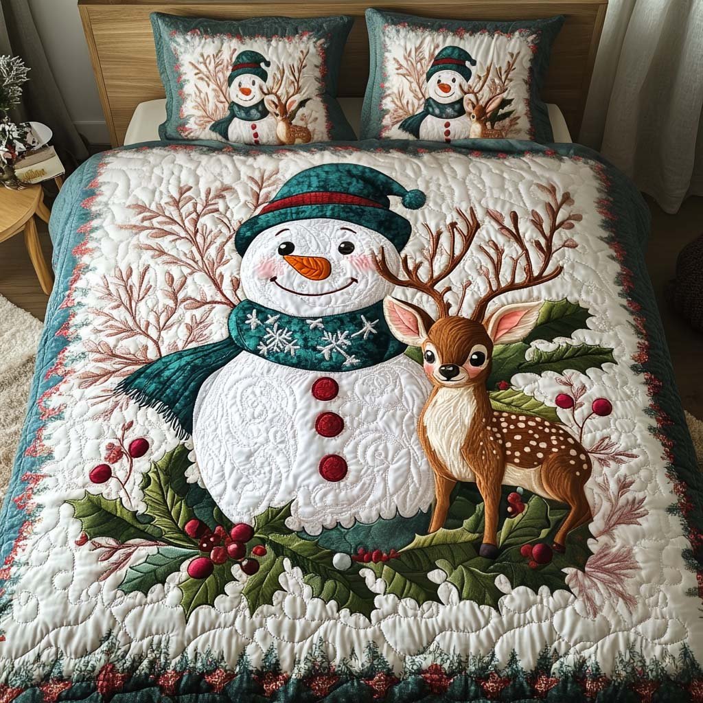 Snowy Friends Quilted Bedding Set Frosty Winter Bedspread Set Holiday Gift