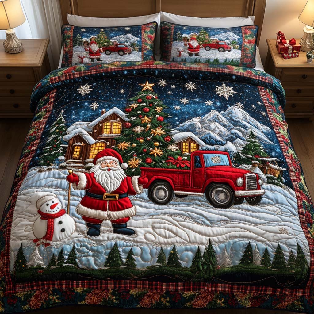 Santa Journey Quilted Bedding Set Vintage Santa Bedspread Set Family Gift