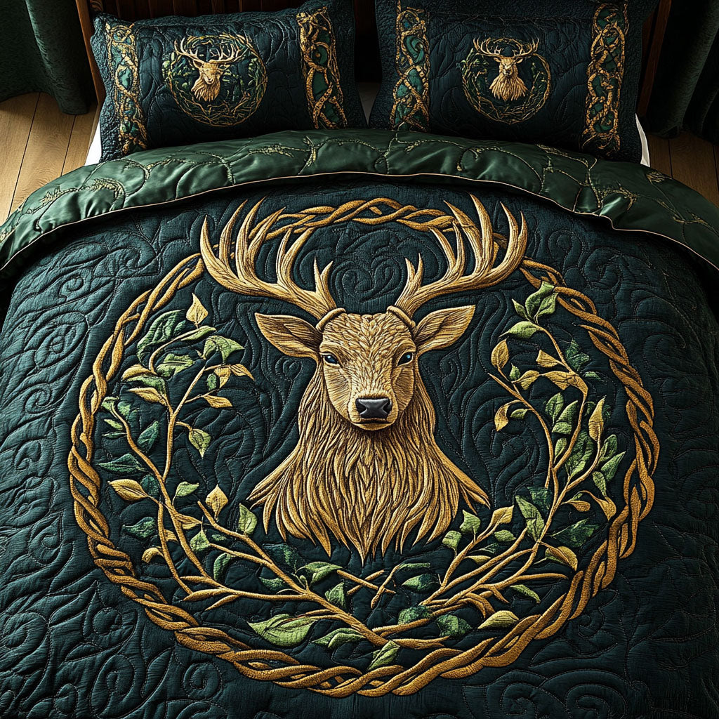Celtic Stag Dream Quilted Bedding Set Rustic Deer Bedspread Set Hunter Gift