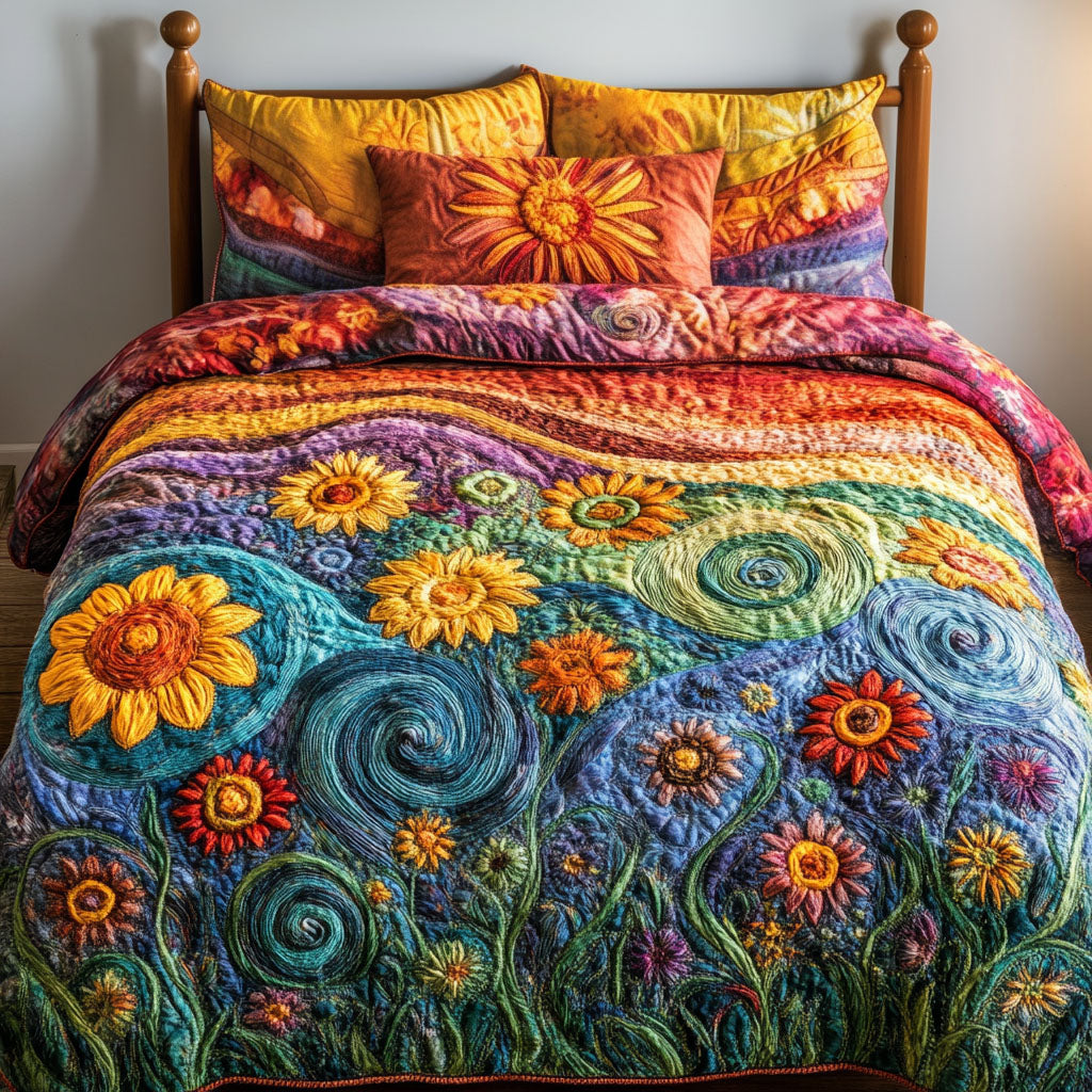 Vibrant Blooms Quilted Bedding Set Floral Cottage Bedspread Set Gift For Her