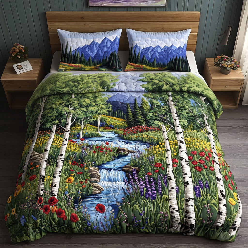 Aspen Wildflowers Path Quilted Bedding Set Boho Floral Bedspread Set Gift For Mom