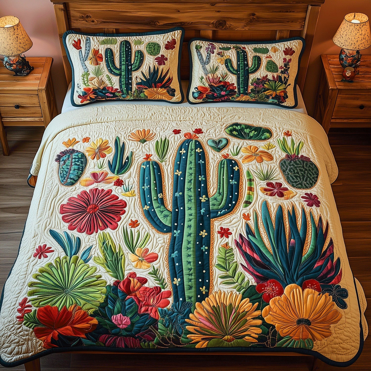 Botanical Cactus Quilted Bedding Set Southwest Cactus Bedspread Set Plant Lover Gift