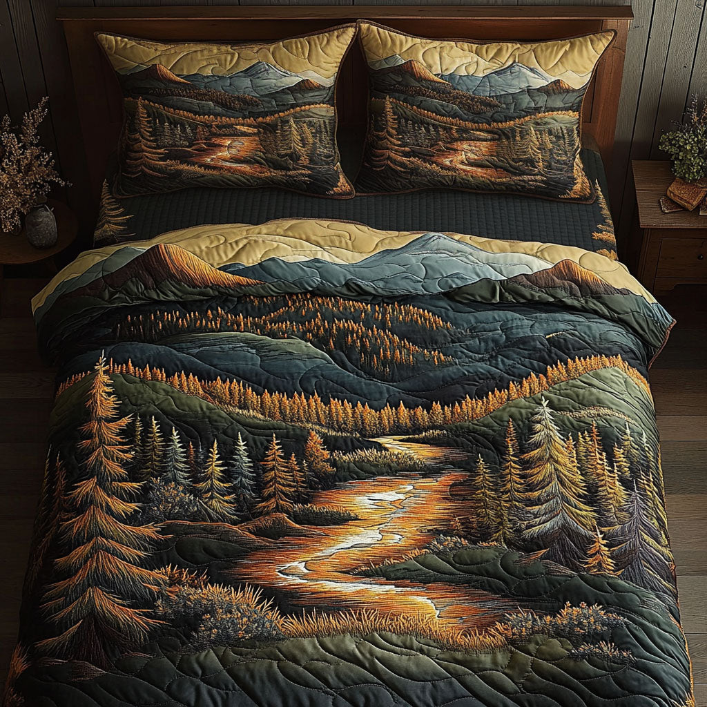Alpine Flame Quilted Bedding Set Outdoor Nature Bedspread Set Cabin Decor Gift