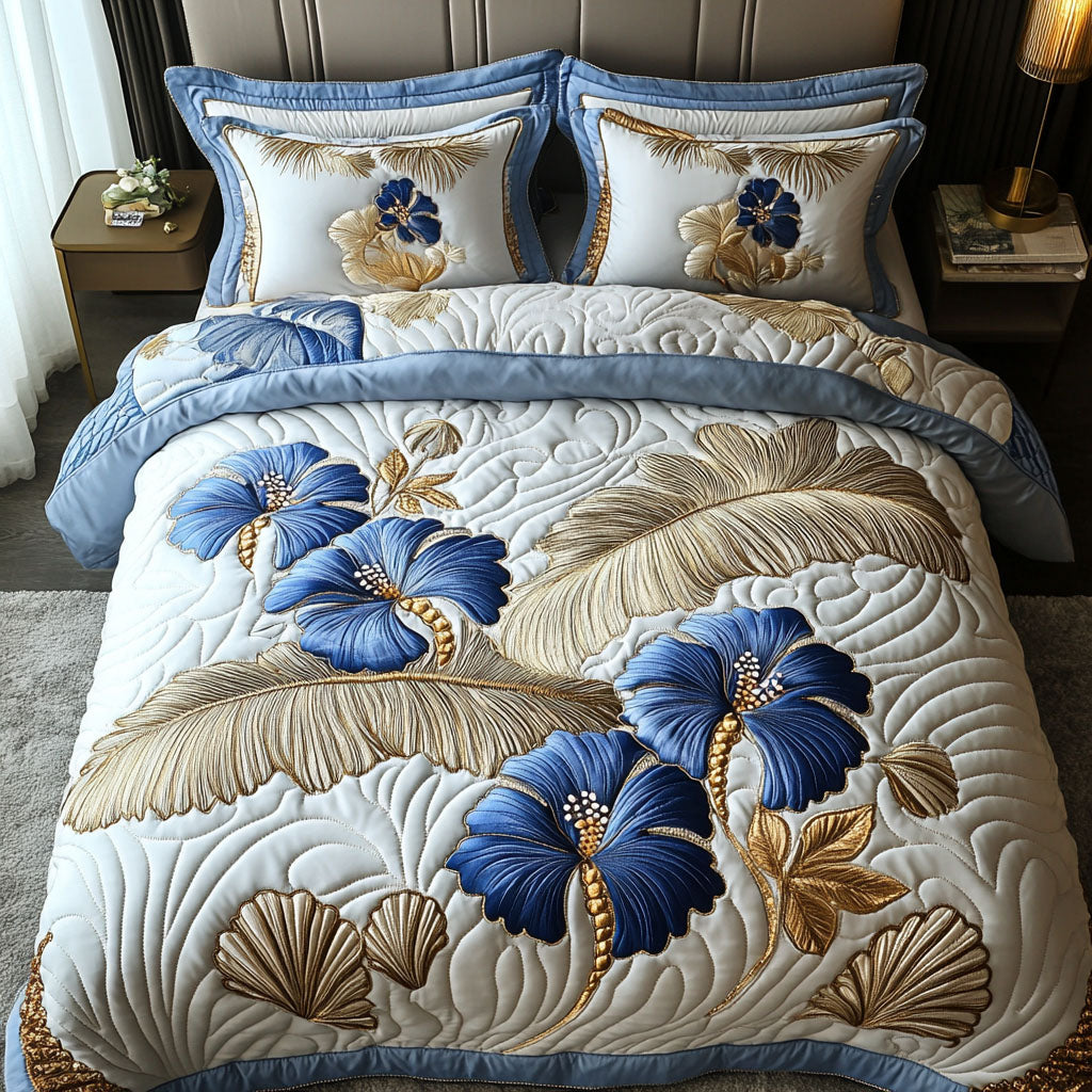 Silver Hibiscus Quilted Bedding Set Tropical Island Bedspread Set Tropical Gift