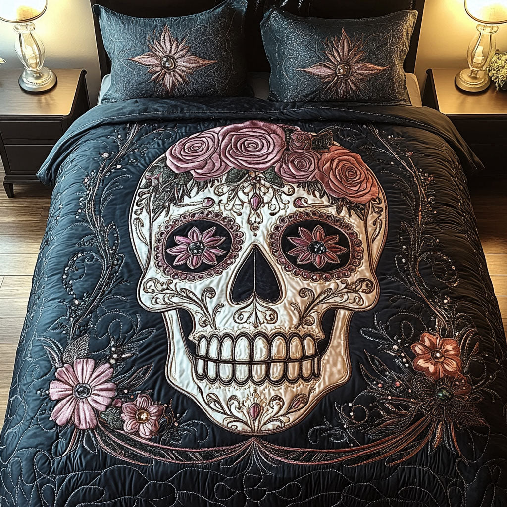 Whimsical Skull Quilted Bedding Set Dark Floral Skull Bedspread Set Gift For Her