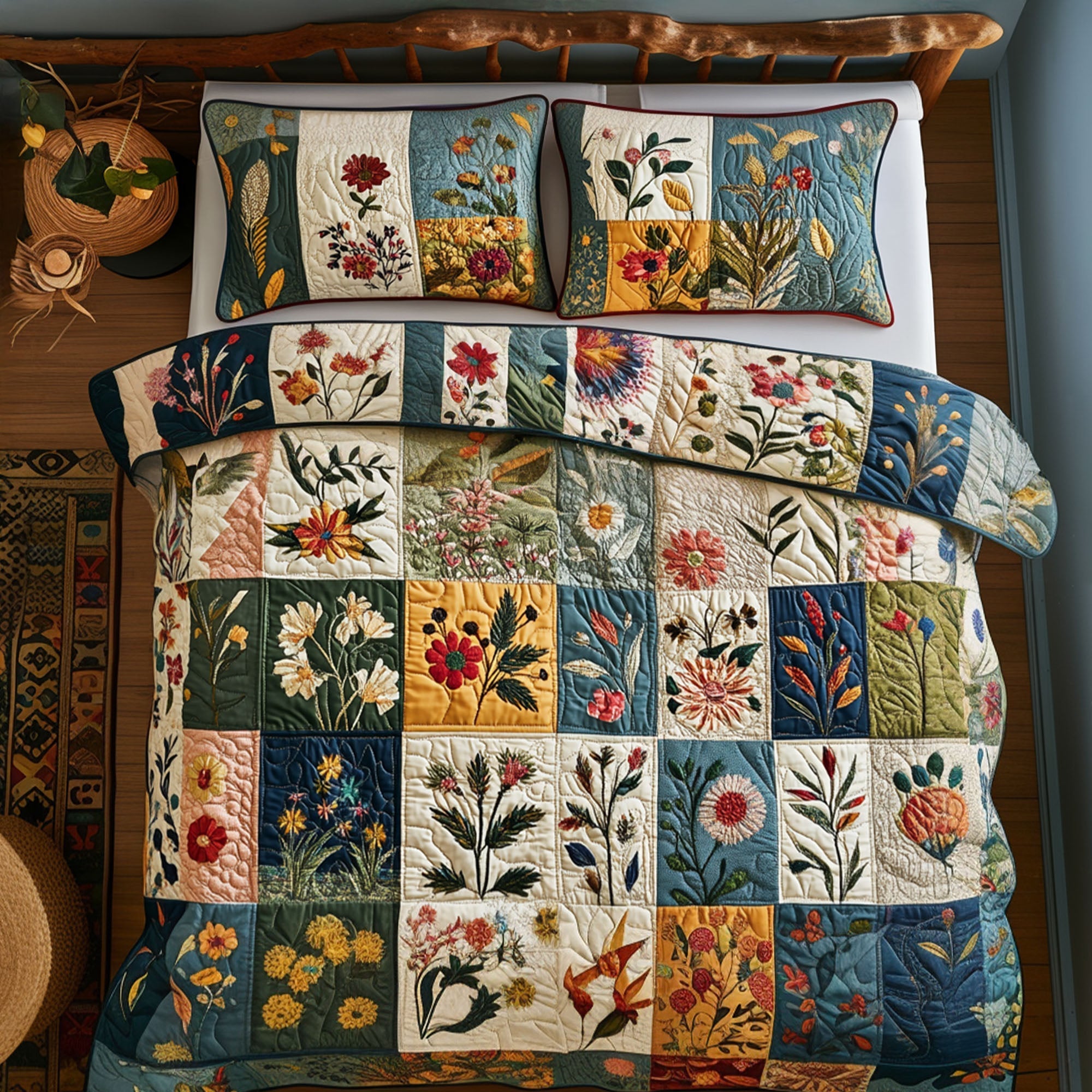 Country Bouquet Quilted Bedding Set Wildflower Floral Bedspread Set Garden Lover Gift