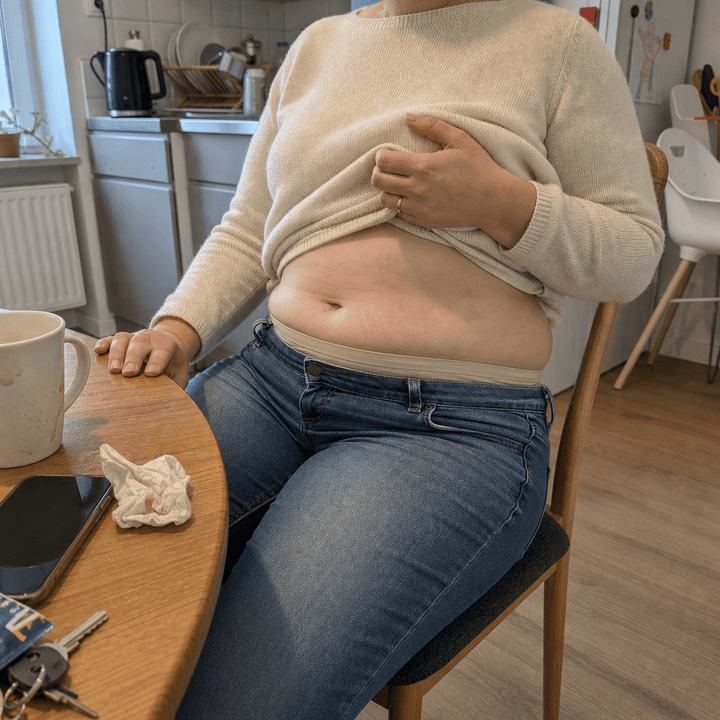 Ohne ILONOU – im Sitzen legt sich der Bauch über die Jeans