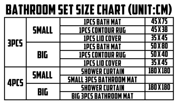 Bathroom sets size chart